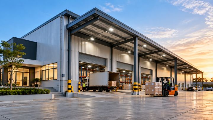 Gudang logistik dengan kanopi baja, pintu rolling door, truk, dan forklift di area bongkar muat