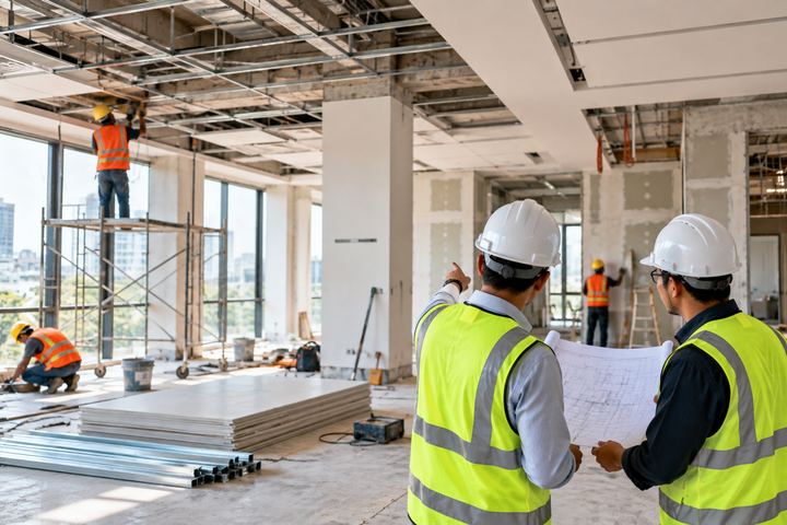 Tim memeriksa gambar kerja pada renovasi interior kantor: pemasangan plafon dan partisi