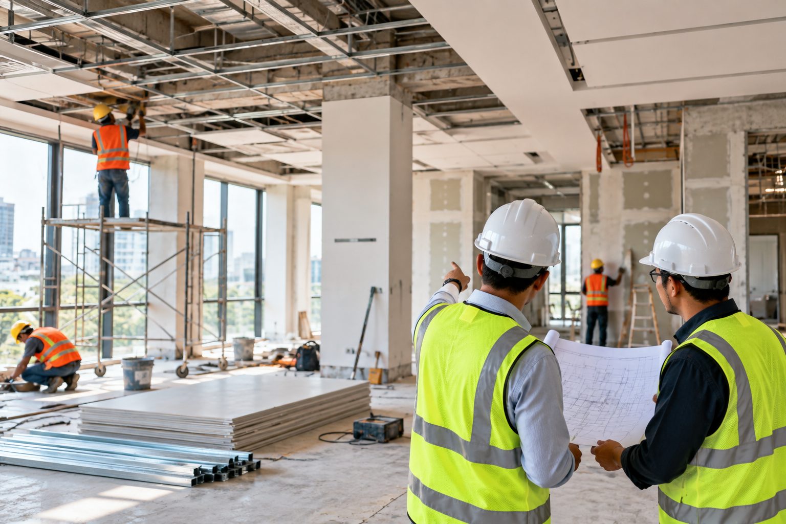 Tim memeriksa gambar kerja pada renovasi interior kantor: pemasangan plafon dan partisi